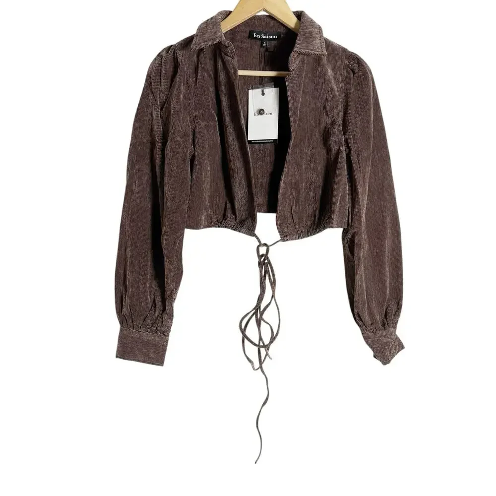 En Saison Route Wrap Brown Corduroy Wrap V-Neck Long Sleeve Crop Blouse Small